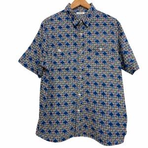 ROWM Men’s XL Cotton Button Down Shirt Blue Geometric Fan Print Short Sleeve